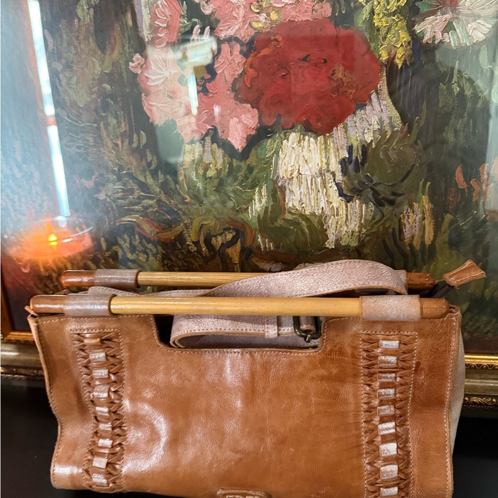 Bed Stu Tan and Cream Leather Clutch with Wooden Handles